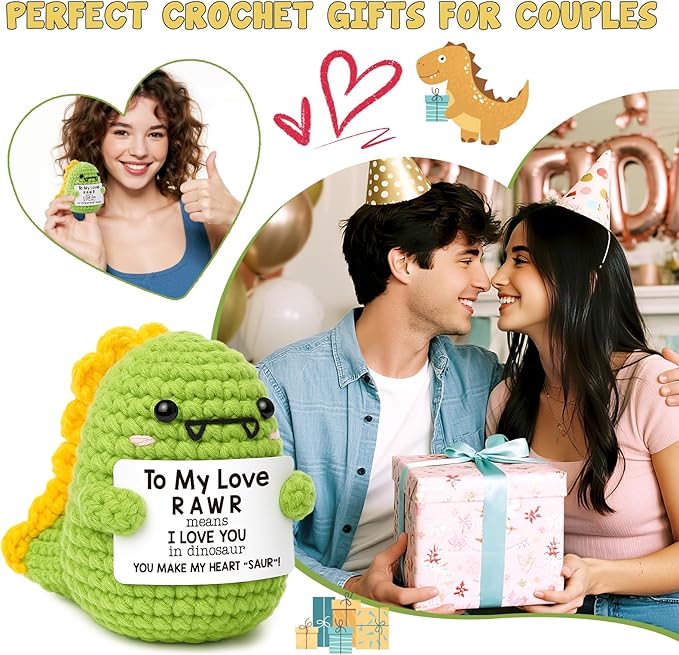 Mini Gifts for Him Her Cute Handmade Crochet Dinosaur Gift for Couples Boyfriend Girlfriend I Love You Wedding Anniversary Christmas Birthday Gift for Women Men Husband Wife Romantic To My Love Dino