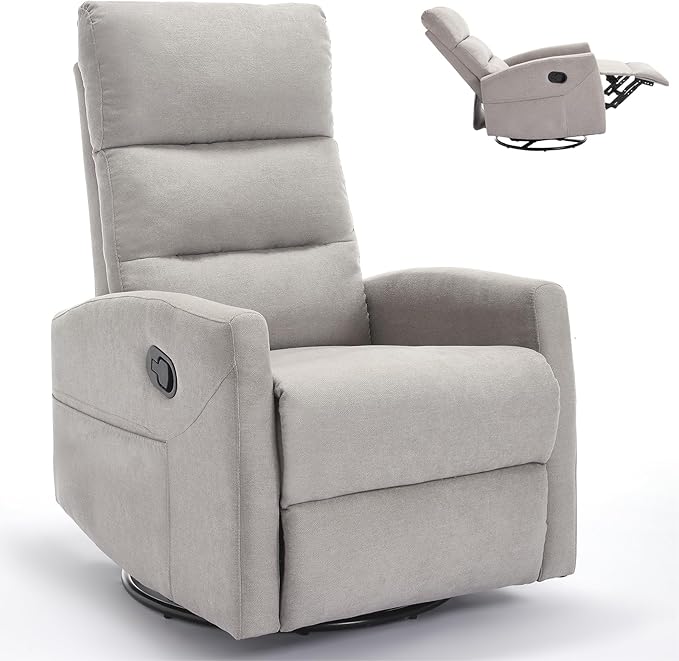 360° Swivel Rocking Chair for Nursery, Manual Glider Chair Nursing Chair with Side Pockets, Polyester Glider for Living Room, Heavy Duty Motion Mechanism, Light Gray