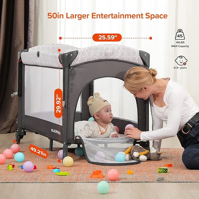 ELEMARA 4 in 1 Wide Baby Bassinet Bedside with Diaper Changer,Long Next to Bed Crib with Mattress,Sheet,Music and Blackout Cover,Playpen Travel Bed with Storage,XL Co Sleeper with 3 Adjustable Height