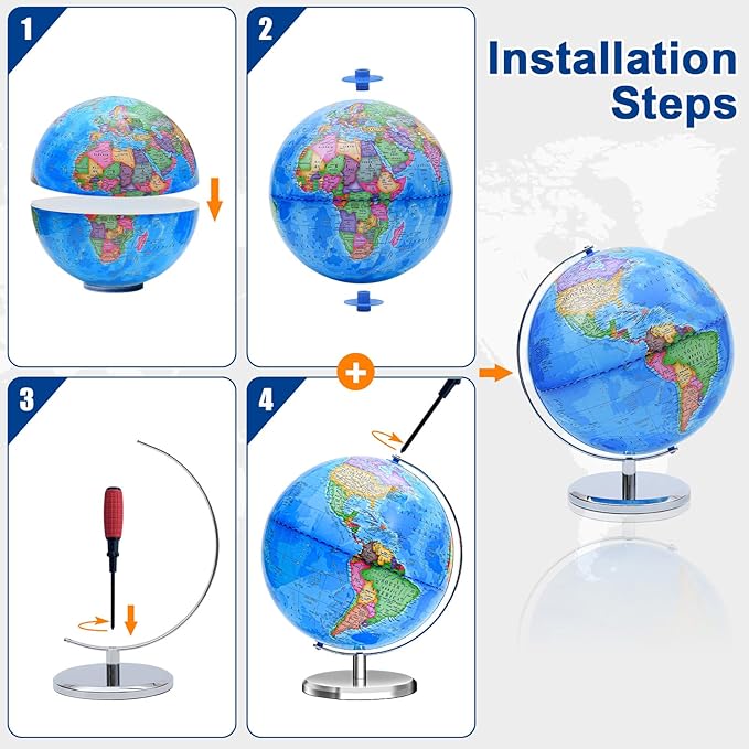 World Globe for Children and Adults, 12 inch Educational Spinning Earth Map with Stand, Self-Assembled Interactive World Globes for Kids Learning, Classroom, Students Desk, Room and Office Decor
