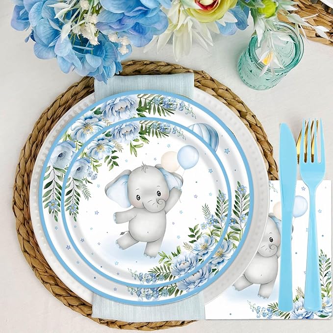 Elephant Baby Boy Shower Party Supplies - 350pcs Blue Elephant Party Decorations Paper Plates Napkins Cups and Utensils Tableware Sets Blue Floral Theme Birthday Party Tableware Set