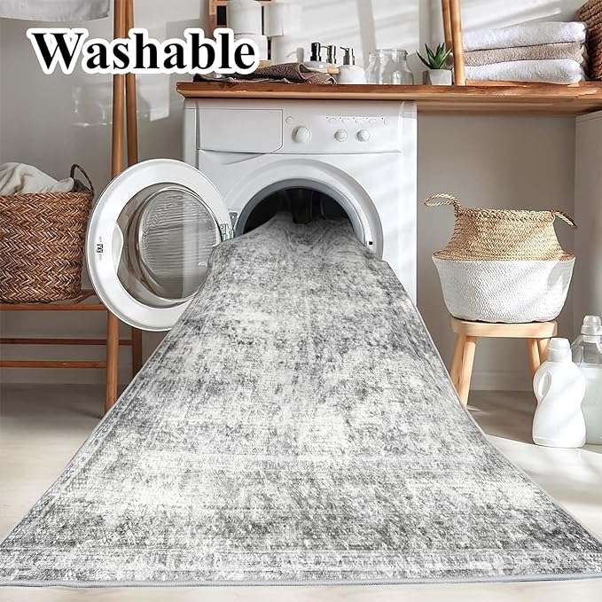 Area Rug 6x9 Washable Rug Gray Vintage Traditional Floor Cover Thin Rug Retro Kitchen Indoor Distressed Non Slip Carpet Floral Print Mat Living Room Bedroom Dining Room