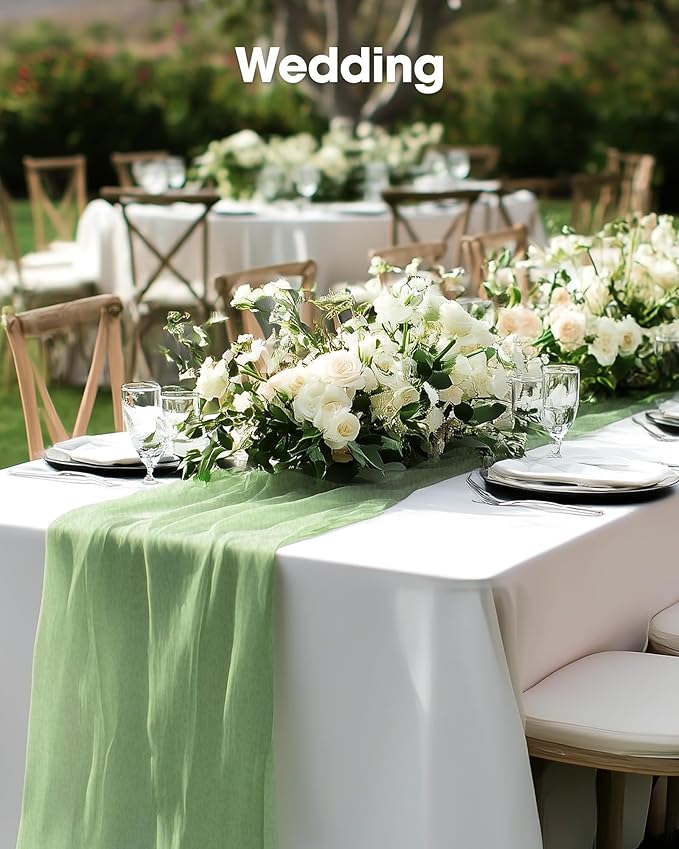 Pureegg 2-Pack Cheese Cloths Table Runner, 120'' Boho Table Cloth Decorations for Party, Baby Shower, Wedding and Farmhouse, Fabric Room Decor, Sage Green