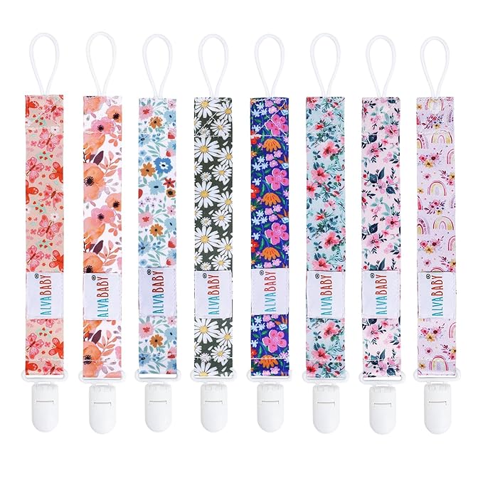 ALVABABY Pacifier Clips Floral 8 Packs Paci Clip Holder Leashes for Baby Girls Fits Teething Rings