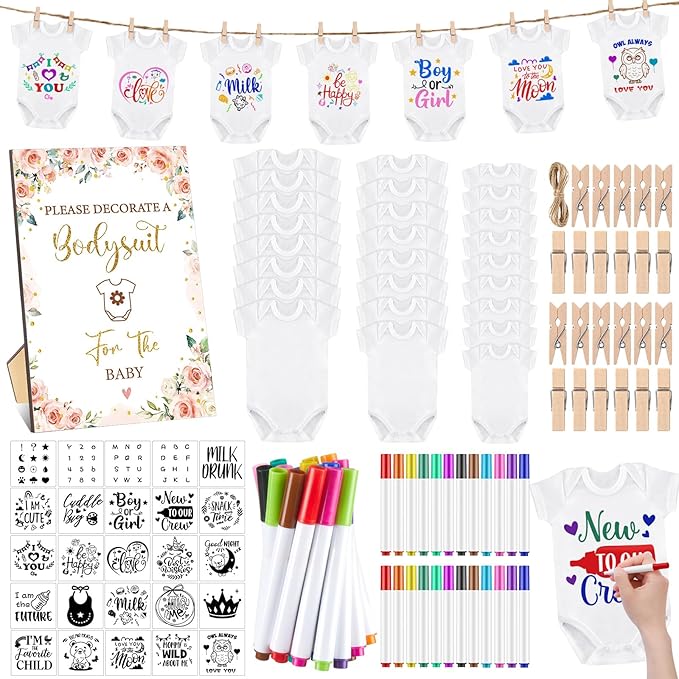 Panitay 126 Pcs Baby Shower DIY Bodysuit Set Rustic Kraft Baby Shower Game Sign DIY Bib 25 Blank White Newborn Bodysuit 25 Stencils 24 Marker 1 Sign 50 Pins for Gender Reveal(Floral)