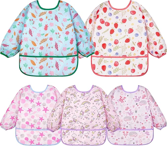 Lictin Long Sleeve Bibs 5 Pack - Baby Bibs, Waterproof Toddler Bibs, Baby Smock for Eating, Baby Bibs for Feeding Teething
