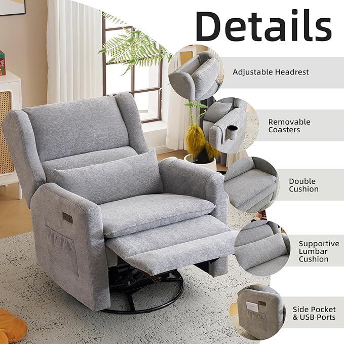 Oversized Swivel Rocker Recliner Chair, 26" Extra Wide Glider Nursery Chair with Adjustable Headrest, Chenille Power Recliner Rocking with Double Cushion, Cup Holder, Grey