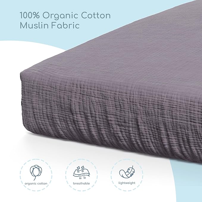 Muslin Crib Sheets, 100% Organic Cotton, Breathable and Ultra-Soft, Standard Crib Sheet Mattress (28"x 52") for Girls and Boys, Neutral Fitted Baby Crib Sheet (Dark Grey)