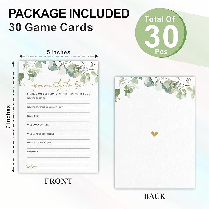Parents To Be Advice Baby Shower Game Cards - Golden Greenery - 30 Double-Sided Fill In Style Game Cards For Gender Reveal, Baby Announcement, Party Games & Activity - D08