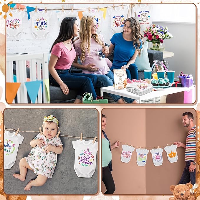 Panitay 126 Pcs Baby Shower DIY Bodysuit Set Rustic Kraft Baby Shower Game Sign DIY Bib 25 Blank White Newborn Bodysuit 25 Stencils 24 Marker 1 Sign 50 Pins for Gender Reveal(Bear)
