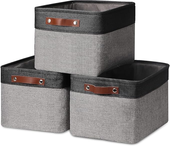 HNZIGE Storage Basket Bins(3 Pack) Large Collapsible Storage Baskets for Organizing Shelf Closet Bedroom, Perfect Storage Bin with Handles for Closet, Clothes, Toy?Black & Gray, 15" x 11" x 9.5")