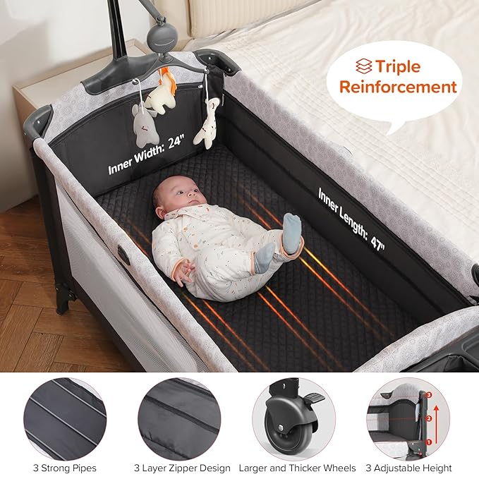 ELEMARA 4 in 1 Wide Baby Bassinet Bedside with Diaper Changer,Long Next to Bed Crib with Mattress,Sheet,Music and Blackout Cover,Playpen Travel Bed with Storage,XL Co Sleeper with 3 Adjustable Height