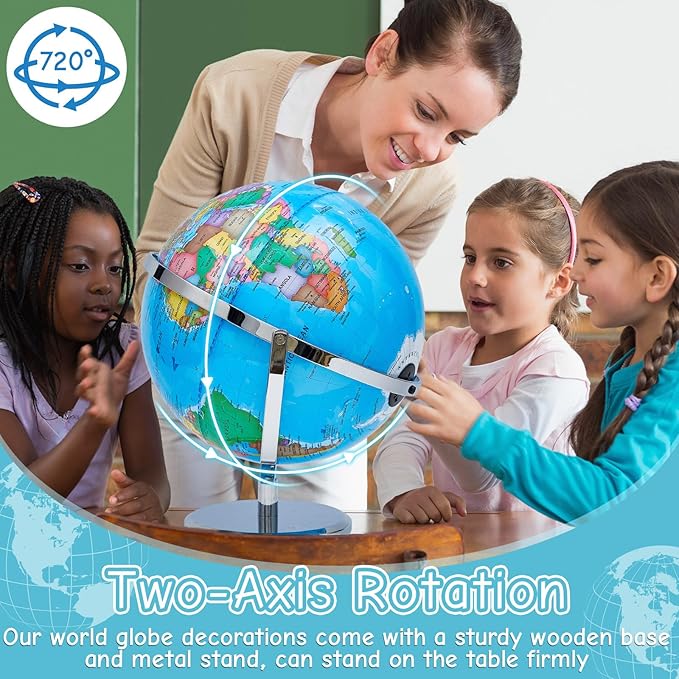 Amylove 13'' Illuminated World Globe for Adults 720°/360° Rotation Rewritable Light Up Globe with Stand World Map for Interactive Learning Light with Base Lamp LED Decor(Metal,Practical)