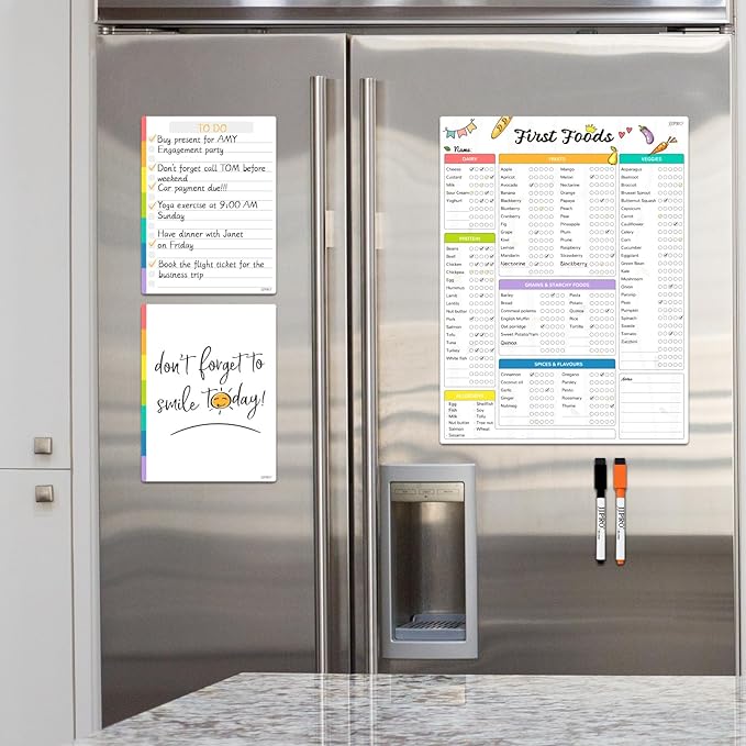 Newborn Baby or Toddler First Foods Tracker Whiteboard-Magnetic Dry Erase Daily Food Log-Reusable Daily Planner Chart to Log Feeding Food/Food Checklist/to-Do List - for New Parents,Nanny, Babysitter