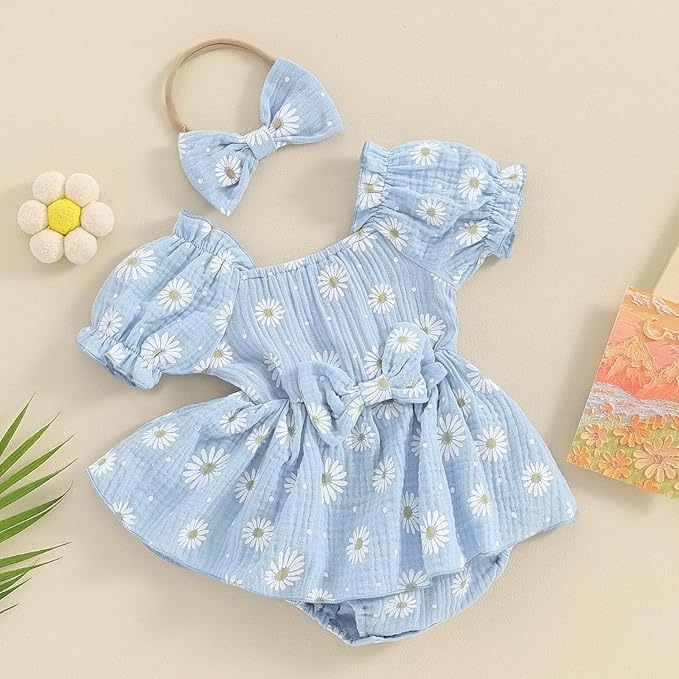 Baby Girls Floral Cotton Leotard Romper Newborn Daisy Playsuits Ruffled Sleeve Onesie Infant Jumpsuit Clothes Headband