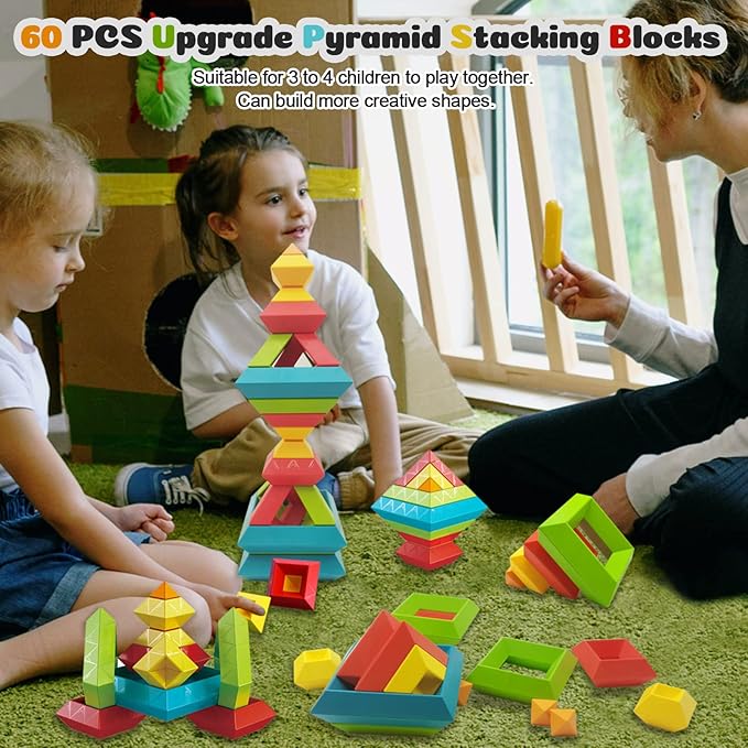 Montessori Toys for 1 2 3 4 Year Old, 60 PCS Stacking Toys Building Blocks for Toddlers 1-3 Sensory Toys for Age 2-4 Preschool Learning Activities Stem Educational Pyramid Gifts for Kids Boys Girls