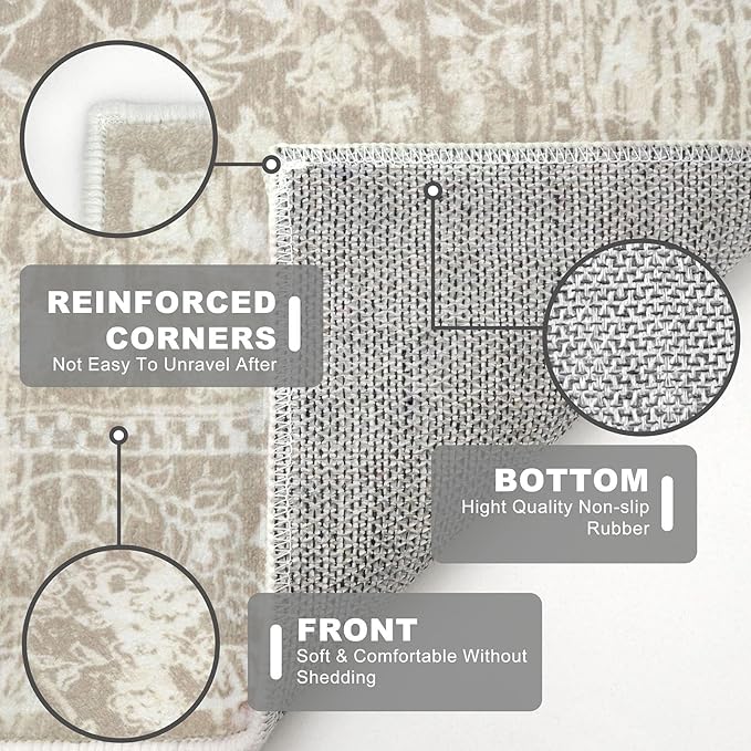 KILOCOCO Area Rug 3x5 Entryway Rug Washable Printed Vintage Floral Rubber Backed Non Slip Indoor Kitchen Rugs for Living Room Laundry Room Playroom Mudroom Moroccan Area Rugs, Beige