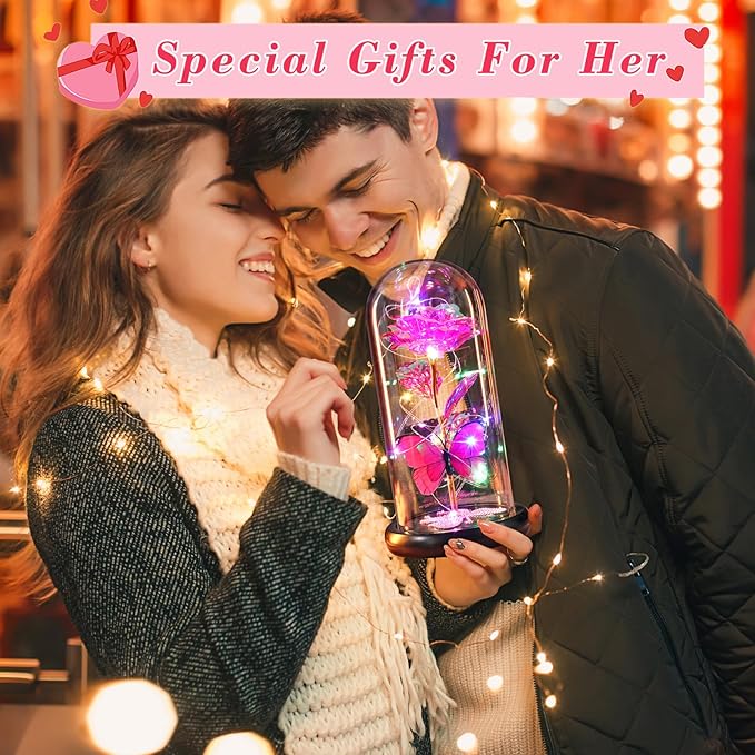 DEEMEI Birthday Gifts for Women Pink Rose Eternal Flower Light Up Rose in Glass Dome with Butterfly, Flowers for Delivery Prime Anniversary Grandma Mom Gift Wife Girlfriend