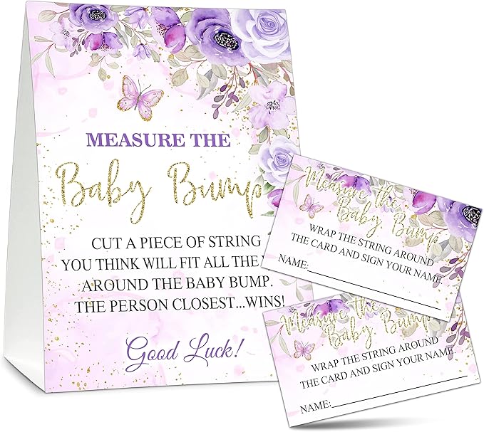 Measure the Baby Bump Baby Shower Game Set, 1 Standing Sign with 50 Guessing Cards, Butterfly Gender Reveal Party Decorations Supplies - B03