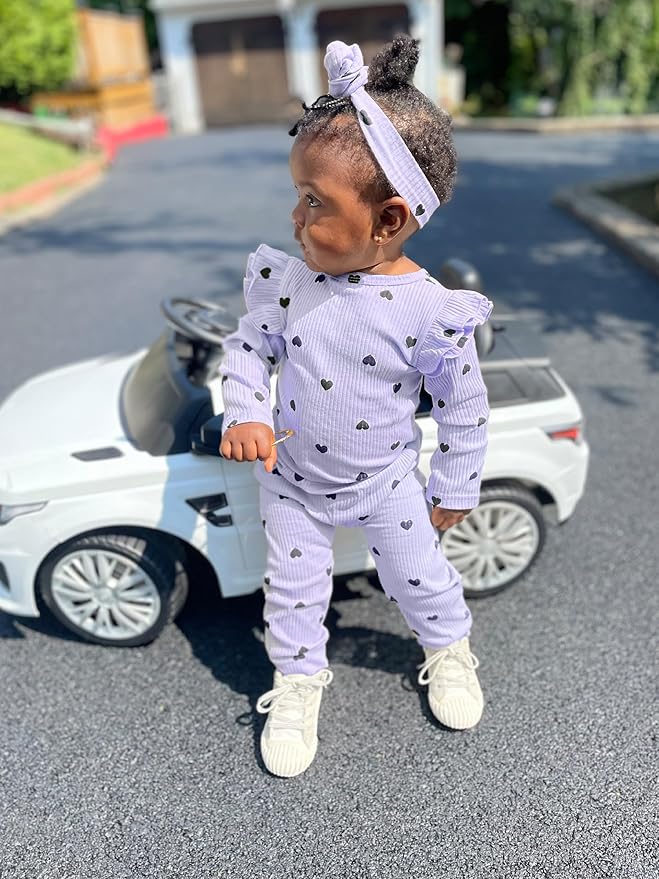 Fullfamous Baby Girl's 3pc Rib Frill Long Sleeve Romper and Pant Set