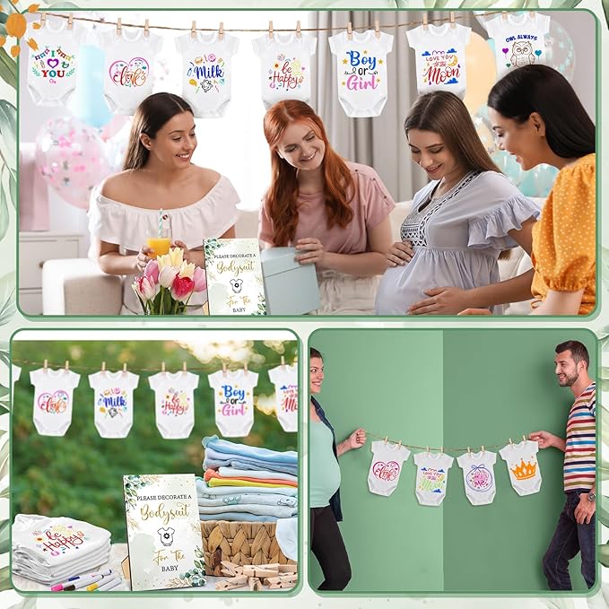 Panitay 126 Pcs Baby Shower DIY Bodysuit Set Rustic Kraft Baby Shower Game Sign DIY Bib 25 Blank White Newborn Bodysuit 25 Stencils 24 Marker 1 Sign 50 Pins for Gender Reveal(Greenery)