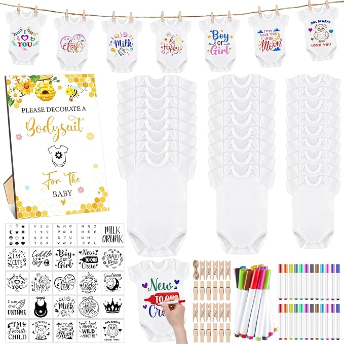 Panitay 126 Pcs Baby Shower DIY Bodysuit Set Rustic Kraft Baby Shower Game Sign DIY Bib 25 Blank White Newborn Bodysuit 25 Stencils 24 Marker 1 Sign 50 Pins for Gender Reveal(Bee)