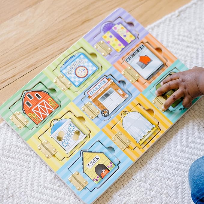 Melissa & Doug Wooden Hide & Seek Activity Board – Montessori Busy Board with Hinges, Doors & 9 Wooden Magnetic Puzzles, Educational Preschool Learning Toy for Toddlers & Kids Ages 3+