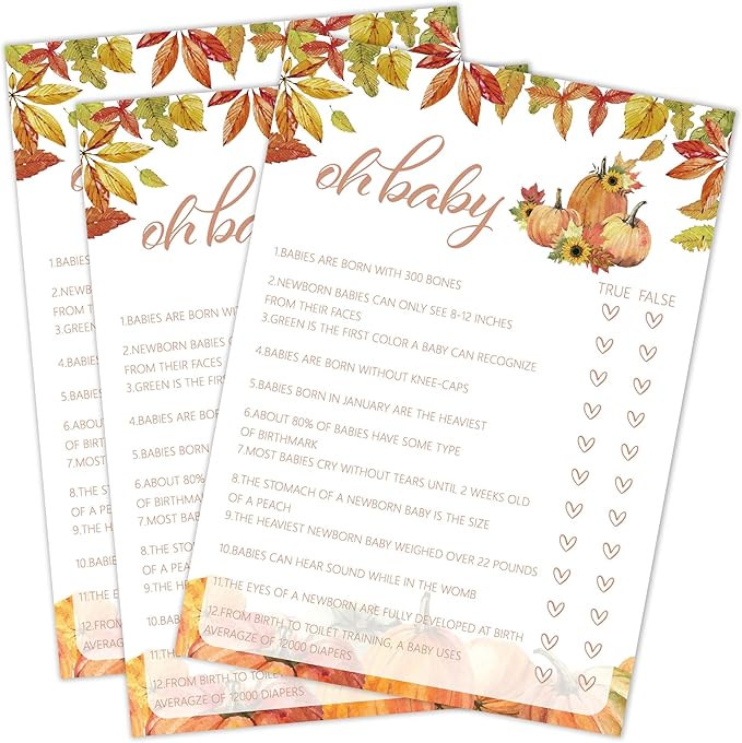 Fall Baby Shower Games, Oh Baby True or False Game Cards, 5x7 in, Thanksgiving Baby Shower Party Favor Decorations Supplies - A04