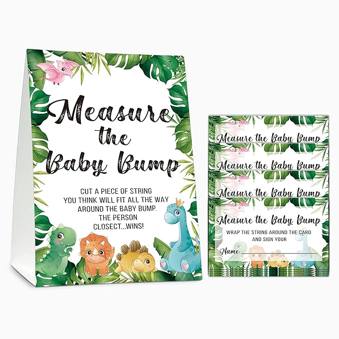 Baby Shower Game Set, Measure The Baby Bump(1 Standing Sign + 50 Find Cards), Safari Jungle How Big is Mommy's Belly Party Game, Dinosaur Baby Shower/Gender Reveal Party Favor Decor(A04)