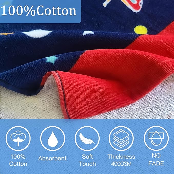 VOOVA & MOVAS Kids Hooded Towels Age 3-10, 30''X50,Soft | Thick | Absorbent Cotton Beach, Bath, Pool Towel | Wrap, Oversized for Boys Girls | Space Theme