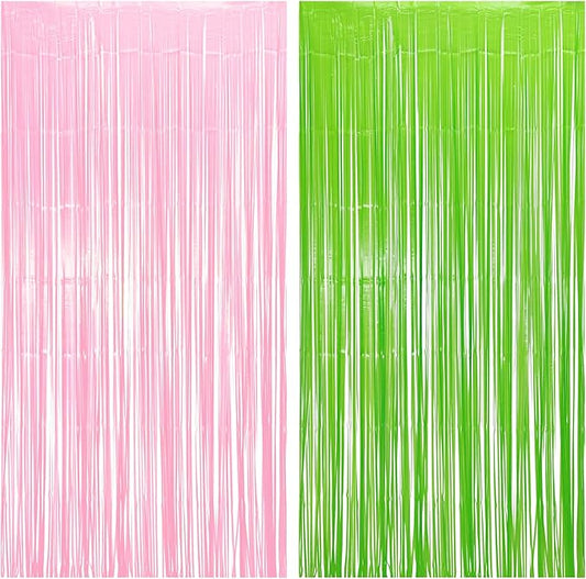 BRAVESHINE Party Streamers Backdrop - 2 Pack 3.2ft X 8.2ft Tinsel Foil Fringe Curtains for Halloween/Boo/Fairy/Girl Birthdays/Wizard/Baby Shower/Photos Booths/Pink and Green Party Decorations