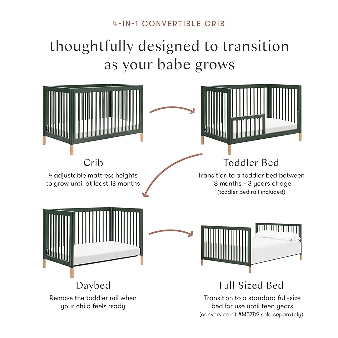 Babyletto Gelato 4-in-1 Convertible Crib with Toddler Bed Conversion in Forest Green with Vegan Blonde Leather Feet, Greenguard Gold Certified