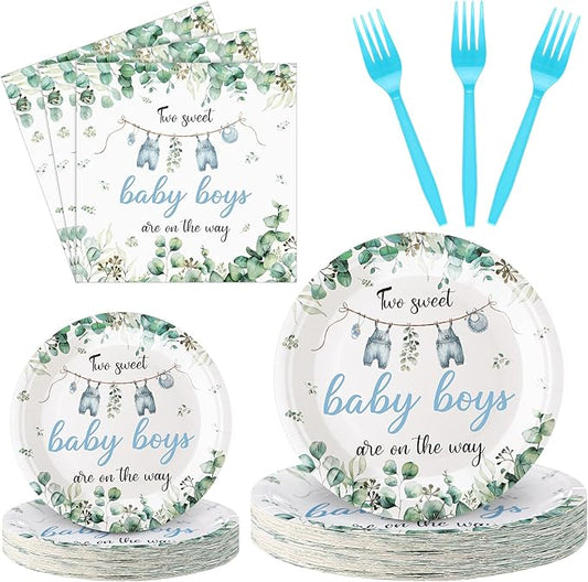 Zhehao 96 Pcs Twins Baby Shower Decorations Supplies Twins Cuties Baby Shower Tableware Set Eucalyptus Leaf Orange Strawberry Greenery Themed Plates Napkins Forks for 24 Guests (Greenery)