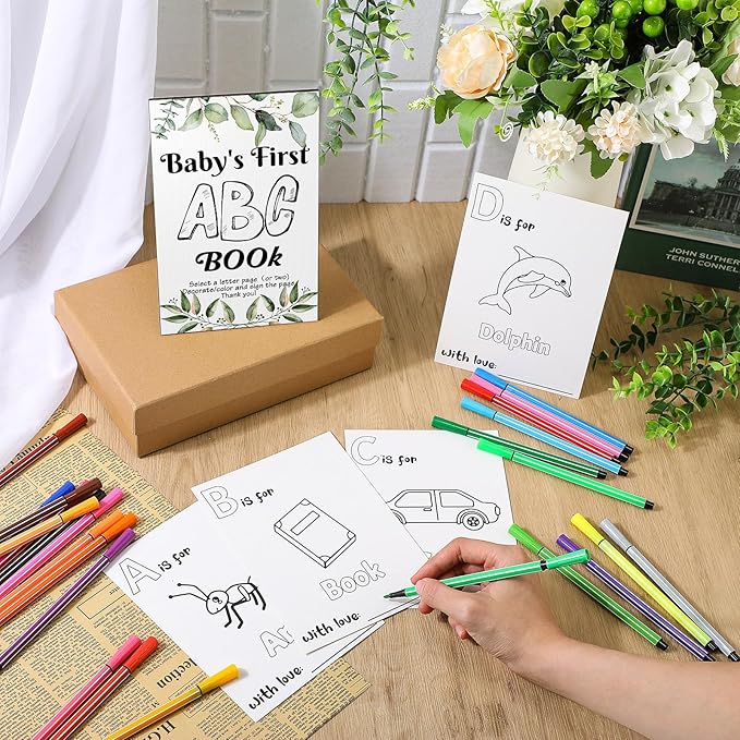 Geelin 51 Pcs Fun Baby Shower Game Activities First Abc Book Sign Coloring Game Card 26 Alphabet a to Z Coloring Card with 24 Watercolor Pen Storage Bag for Baby Shower Party(Greenery)