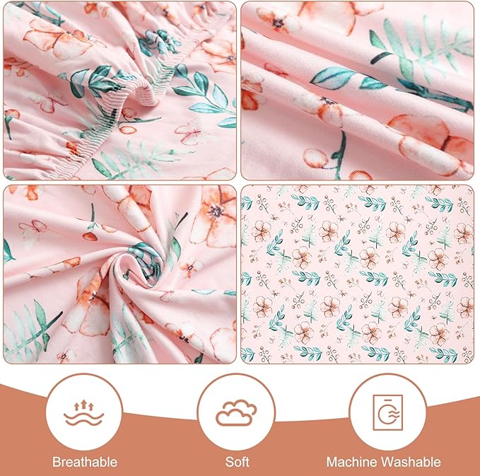 Pack n Play Flat Sheet 2 Piece Mini Crib Sheet Elastic Playard Sheet Set Portable Sheet Set Elastic Convertible Playmat Compatible Graco Pack n Play (Owl and Tree Bag) (Pink Flowers)