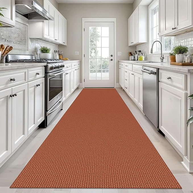 KOZYFLY Long Runners for Hallways 3x12 ft Washable Kitchen Runner Non Slip Rubber Backed Hallway Rugs Cotton Entryway Runner Rug Floor Carpet for Indoor Hall, Backdoor, Kitchen, Orange/Tan