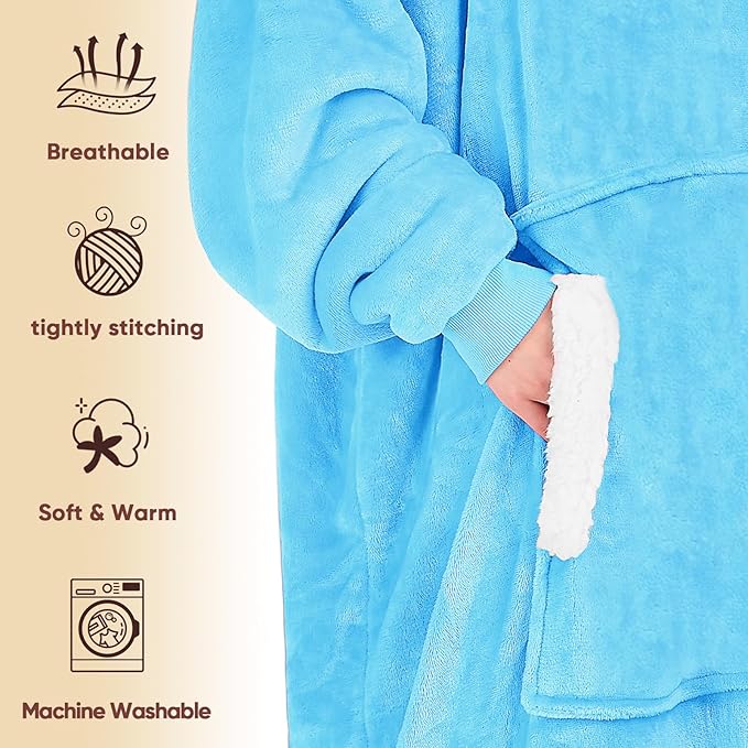 yescool Wearable Blanket Hoodie - birthday gifts for Adults/Women/mom, Flannel Cozy Sherpa Fleece Blanket Sweatshirt with Hood, Pocket & Sleeves, Large, One Size Fits All (Turquoise)