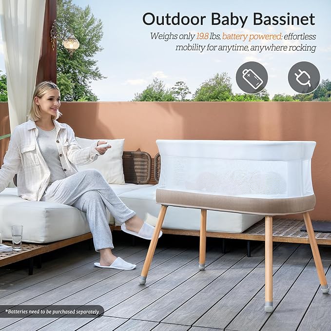 Rocking Bassinet for Baby 3 Speeds Electric Bedside Sleeper with White Noise, Automatic Bedside Crib for Newborn, Brownish-Yellow