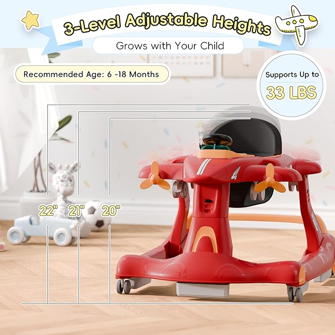 Xilingol 6-in-1 Baby Walker with Wheels, Adjustable Height & Speed Activity Walker with Padded Seat, Foldable Walker for Babies, Toddler Push Walkers for Boy & Girl 6-18 Months, Music & Light