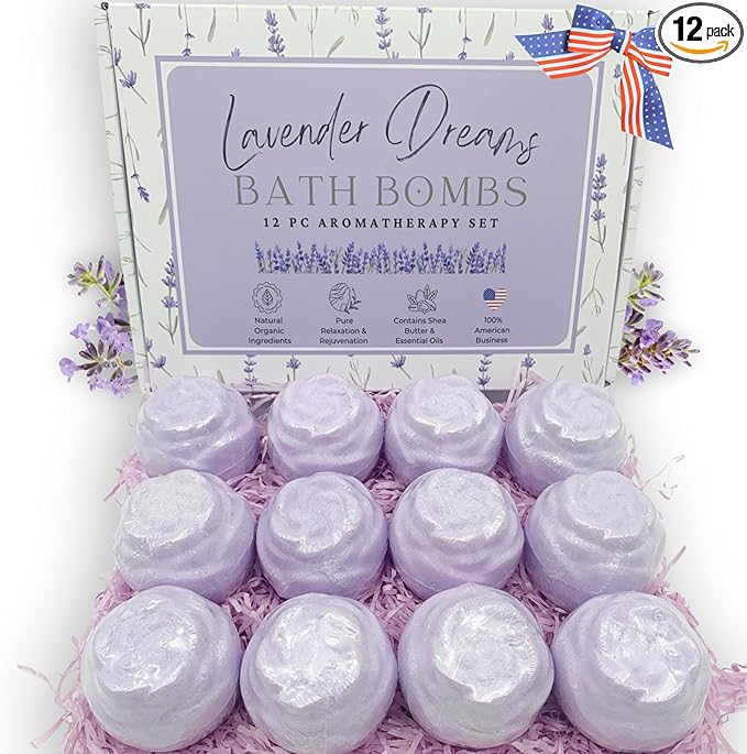 EvolutionUSA Lavender Dreams Bath Bombs for Women, 12 Organic Flower Bath Bombs, Soft Lavender Bath Bombs, Womens Bath Bombs Gift, Lush Bath Bombs for Girls, Relaxing Bathbombs, Bath Balls