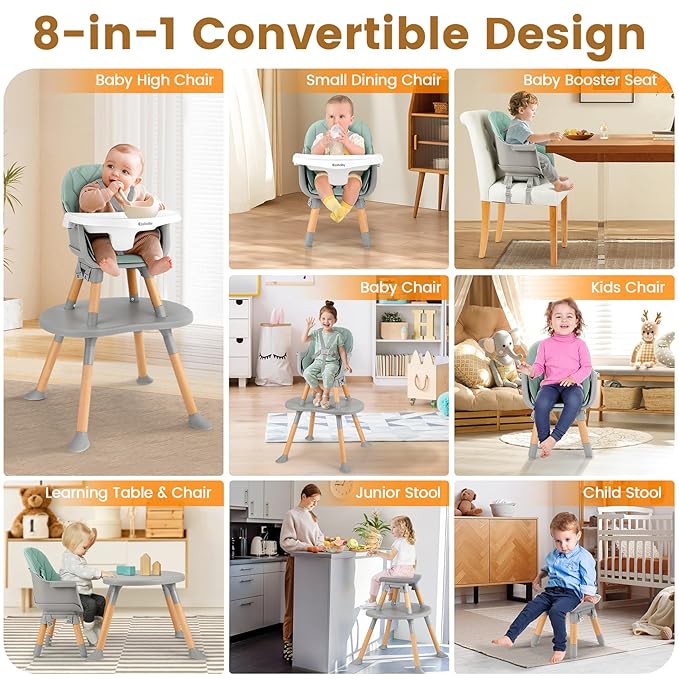 Ezebaby High Chairs for Babies and Toddlers, 8 in 1 Convertible High Chairs to Booster Seat/Toddler Chair/Table and Chair Set, Baby Feeding Chair with Adjustable Tray & PU Cushion (Green)