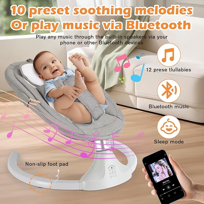 Baby Swing 5 Speed Remote & Bluetooth 12 Preset Lullabies with Remote Control,3-Point Widening Harness,Infant Rocker for Breastfeeding Playtime,ASTM F2167 Certified (0-12 Months)