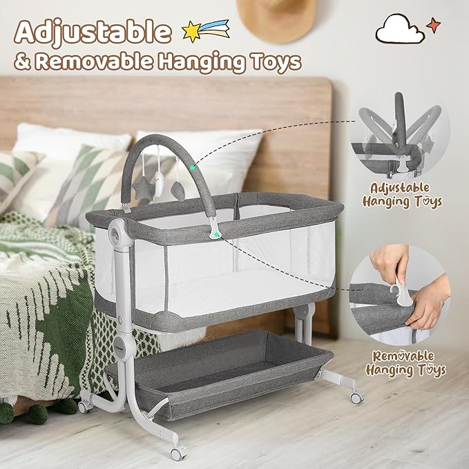 Cowiewie Baby Bassinet 2-1 Beside Sleeper with Wheels & Hanging Toys for Baby Foldable Adjustable Height Portable Bassinets (GREY)