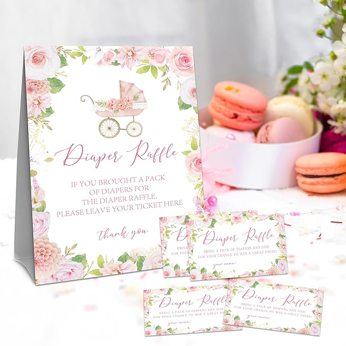 Floral Stroller Diaper Raffle Set For Baby Shower - 50 Raffle Tickets With 1 Standing Sign - Baby Announcement, Gender Reveal Baby Shower Party Decoration Game Set - A05