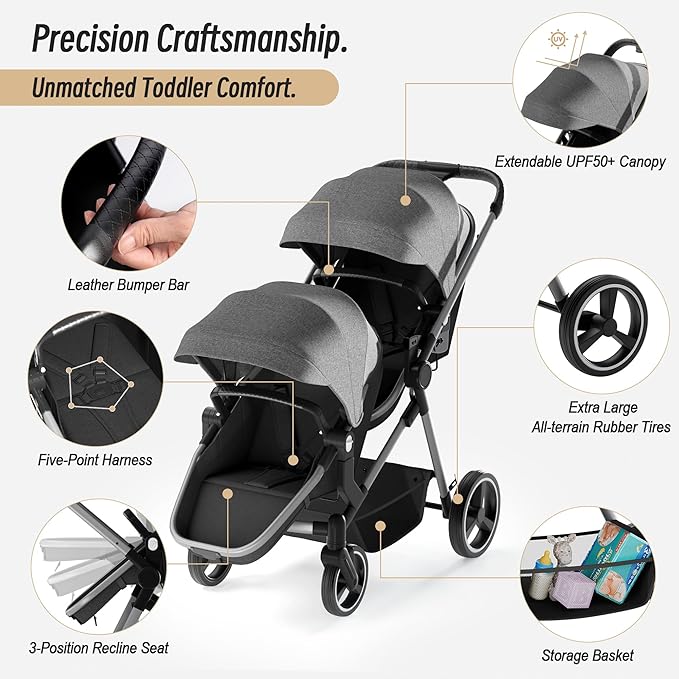 Double Stroller for Twins and Toddlers, Lightweight Aluminum Foldable Twin Stroller with Adjustable Backrest, Reversible Seat, 5-Point Harness, Storage Basket, Grey