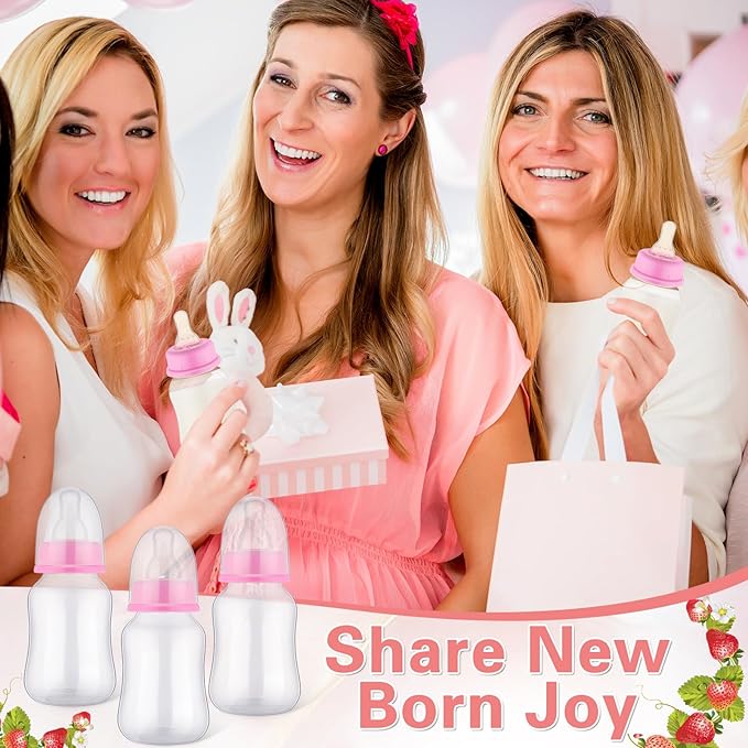 TrelaCo Bottle Chug Baby Shower Game 20 Pcs Baby Bottles Shower Favor with 1 Strawberry Theme Sign for Gender Reveal Party Supplies Gifts(Pink)