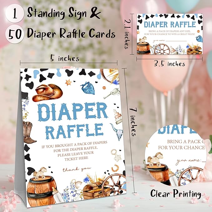 Western Cowboy Diaper Raffle Set For Baby Shower - 50 Raffle Tickets With 1 Standing Sign -Announcement, Gender Reveal Baby Shower Party Decoration Game Set - A07