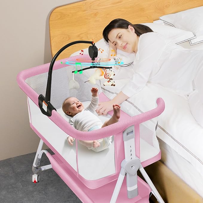 Baby Bassinet with Musical Toy,3 in 1 Baby Bassinets Bedside Sleeper,All Mesh Bedside Bassinet with Storage Basket and Wheels,7 Height Adjustable Bedside Crib for 0-6 Months Baby (Pink)