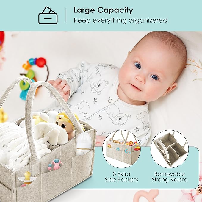 HIPHOP PANDA 2-Pack Diaper Caddy Organizer - Nursery Storage Bin & Car Organizer for Diapers, Wipes, and Baby Essentials - Dual-Color Solid Set (Grey/Oatmeal), Regular Size