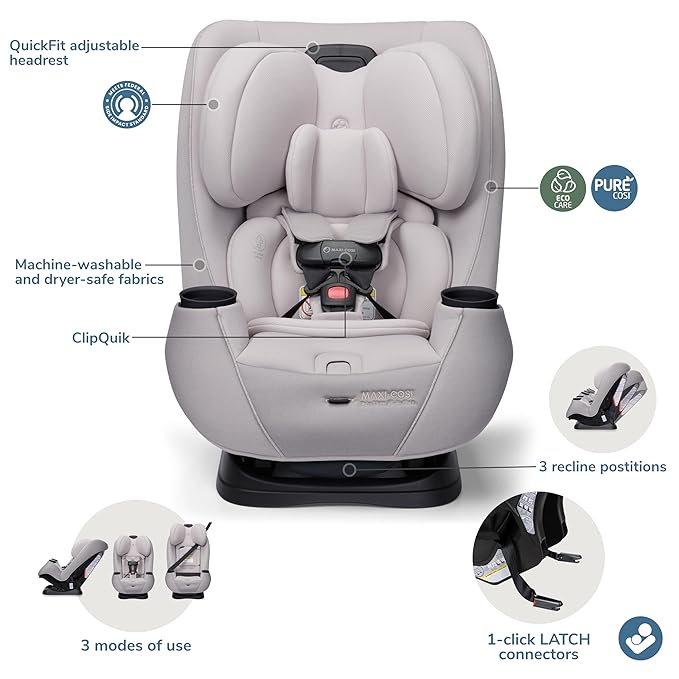 Maxi-Cosi Pria Max 3-in-1 Convertible Car Seat, Infant to Toddler Car Seat, ClipQuick Magnetic Chest Clip, Quick-Install Latch, Machine-Washable Cover, 5-100 lbs, Oyster Shell